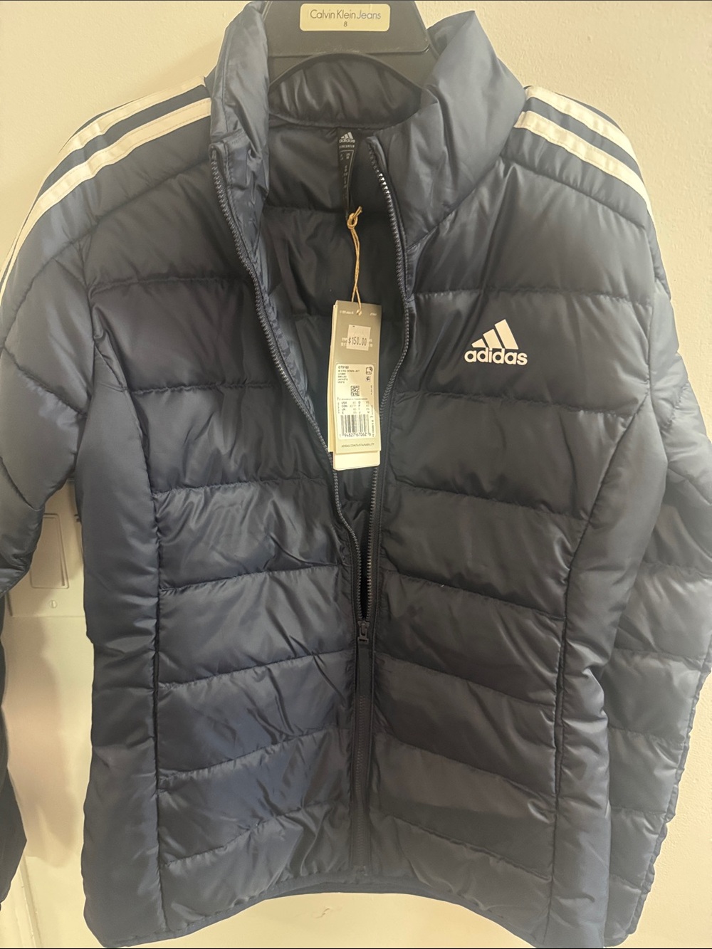 adidas Navy Blue Kids Puffer Jacket with White Shoulder Stripes